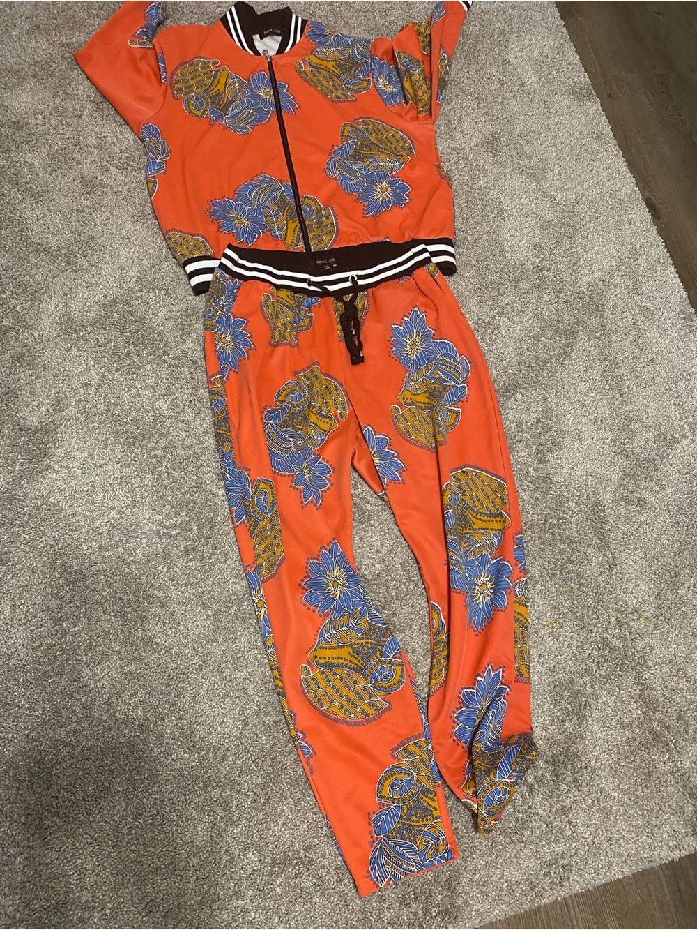 New Look Orange Floral Track Joggers with Blue & Gold Print